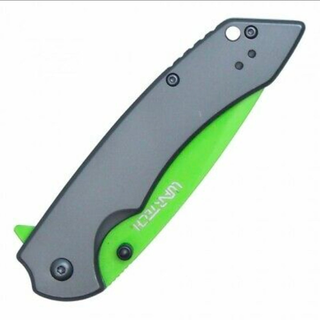 WAR tech Neon Green All Metal Spring Assisted Pocket Knife with Dark Gray Handle & Lanyard EDC
