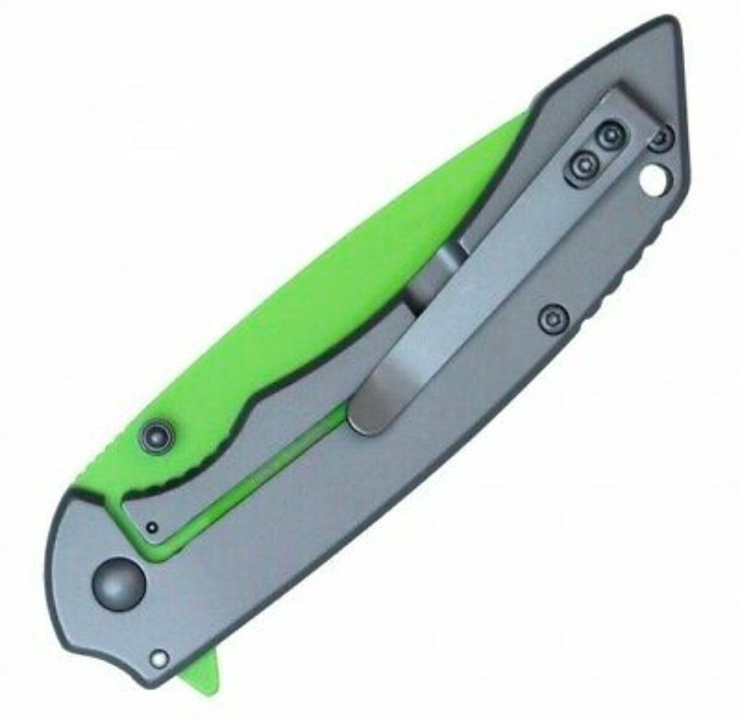 WAR tech Neon Green All Metal Spring Assisted Pocket Knife with Dark Gray Handle & Lanyard EDC