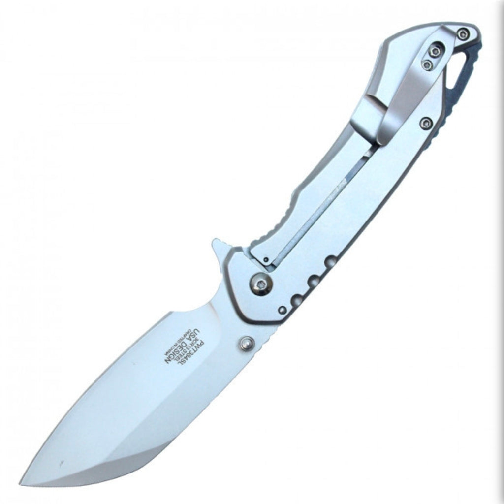 WAR tech  8" Spring Assisted Pocket Knife w/ Holes Silver