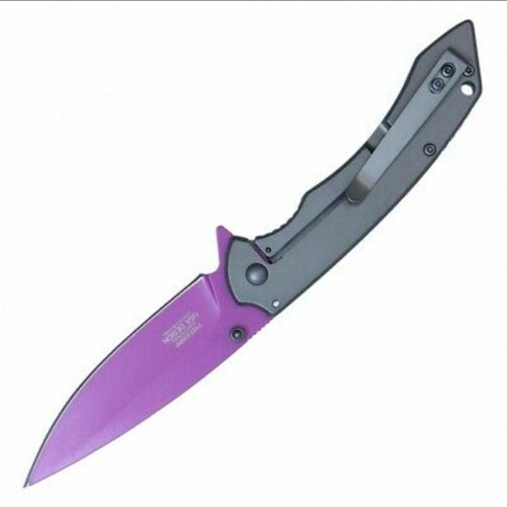 WAR tech Mens/Womens Purple All Metal Spring Assisted Pocket Knife with Dark Gray Handle EDC