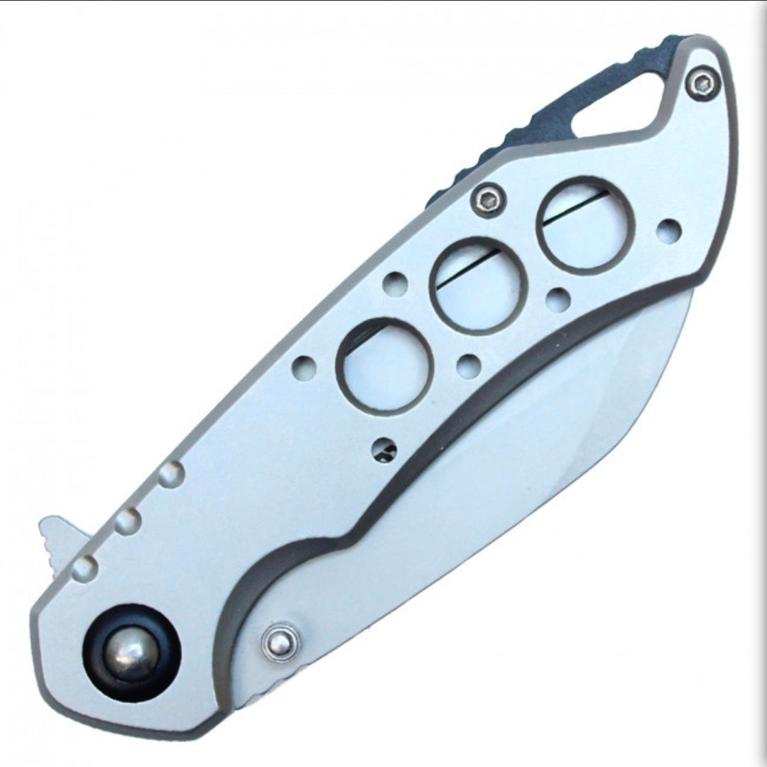 WAR tech  8" Spring Assisted Pocket Knife w/ Holes Silver