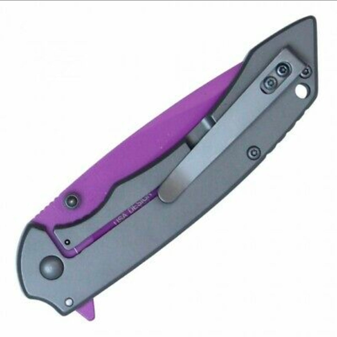 WAR tech Mens/Womens Purple All Metal Spring Assisted Pocket Knife with Dark Gray Handle EDC
