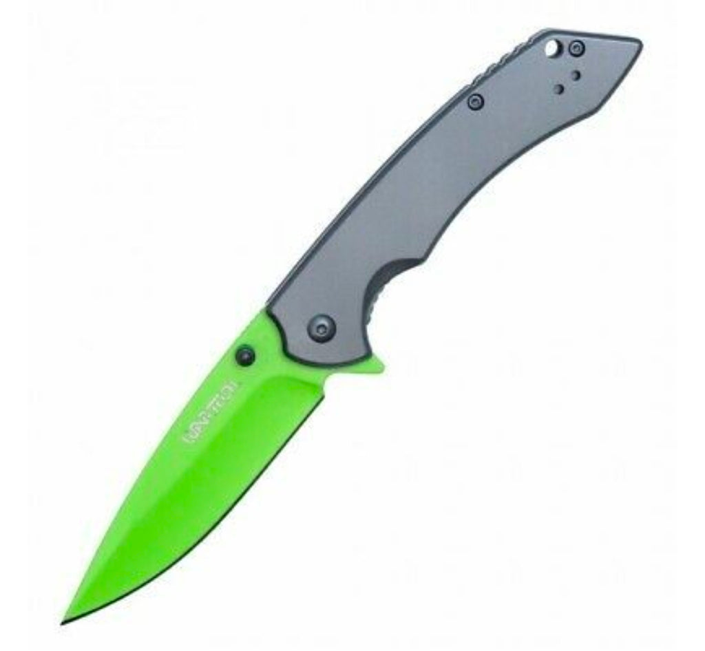 WAR tech Neon Green All Metal Spring Assisted Pocket Knife with Dark Gray Handle & Lanyard EDC