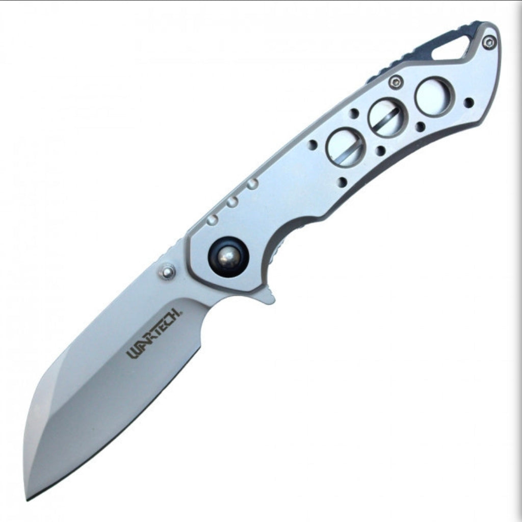 WAR tech  8" Spring Assisted Pocket Knife w/ Holes Silver