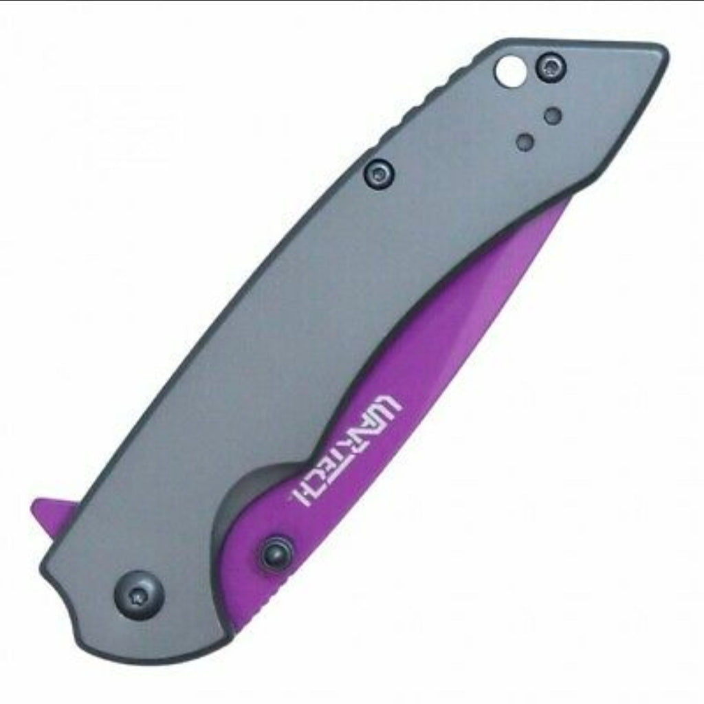 WAR tech Mens/Womens Purple All Metal Spring Assisted Pocket Knife with Dark Gray Handle EDC