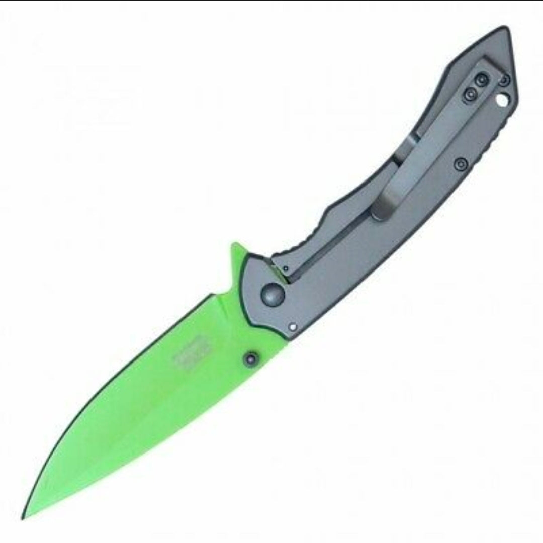 WAR tech Neon Green All Metal Spring Assisted Pocket Knife with Dark Gray Handle & Lanyard EDC
